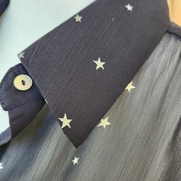 Lovestitch Star Print Black White Long Sleeve Sheer Blouse Top Button Medium - Picture 6 of 15